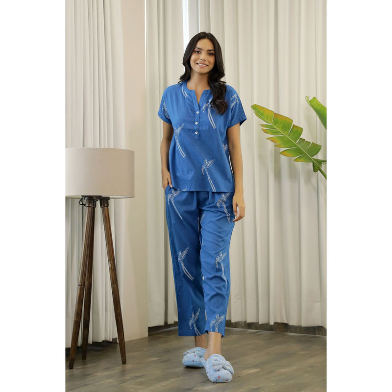 SAY Blue Color Printed Women Pure Cotton Top & Pyjama Night Suit