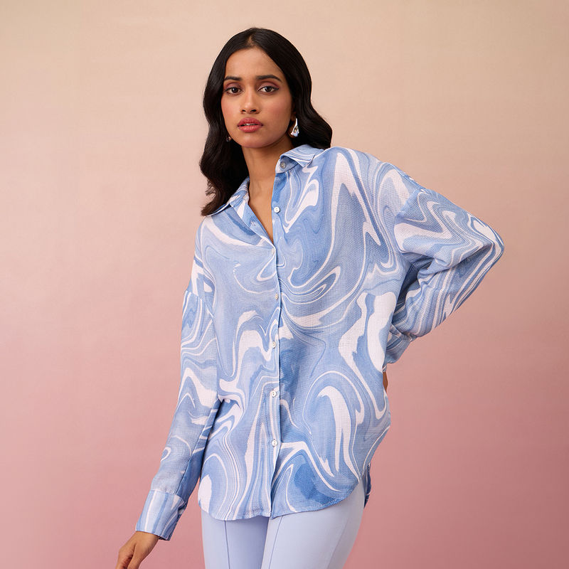 RSVP by Nykaa Fashion Sky Blue Collar Neck Oversized Shirt